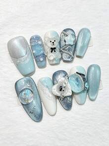 10pcs Oval-Shaped Wearable Nails, Icy Blue Cat Eye Base With 3D Handmade Mini Bear & Star Crystal Decor, Sweet & Cute Style, Perfect For Summer Beach Vacation, Daily Commute And Dates, Handcrafted Reusable Nail Tips, Y2K Vibe, Ideal Gift For Her - Baby Blue - View 3