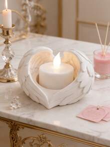 1 pieza Soporte de vela con alas de ángel, adecuado para velas de té o velas de imitación, es una opción ideal para la decoración del hogar y la exhibición sobre la mesa. Este soporte de vela único y creativo es un excelente regalo para aquellos que aman la decoración. - Blanco - Ver 1