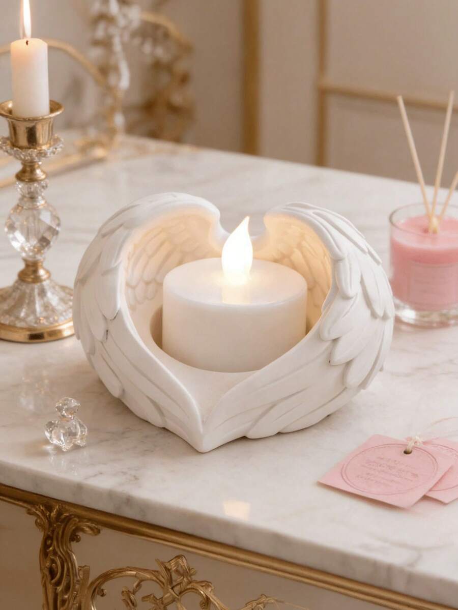 1 pieza Soporte de vela con alas de ángel, adecuado para velas de té o velas de imitación, es una opción ideal para la decoración del hogar y la exhibición sobre la mesa. Este soporte de vela único y creativo es un excelente regalo para aquellos que aman la decoración. - Blanco - Ver 1
