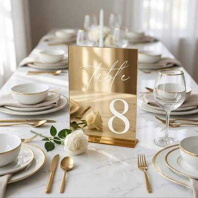 10Pcs Wedding Supplies Elegant Gold Mirror Acrylic Table Numbers Set With Stands, Elegant Calligraphy Seating Signs For Reception Banquet Birthday Events, Aesthetic Modern Centerpiece Decor