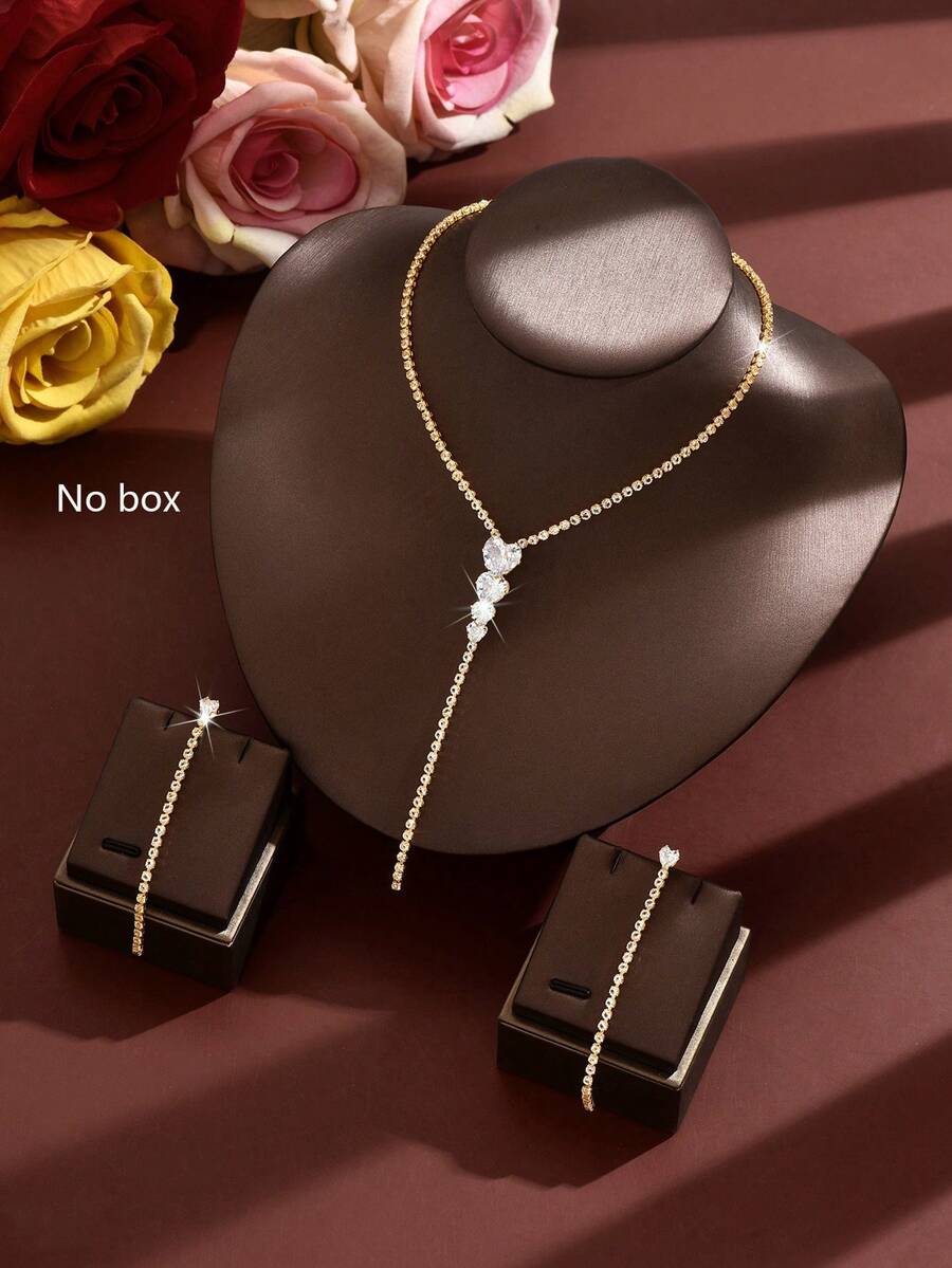 1 Pair Linear Drop Earrings + 1 Y-Shaped Pendant Necklace Jewelry Set, Copper Material, Suitable For Gala, Pageant, Bridal, Gift For Easter, Halloween, Christmas - Gold - View 1