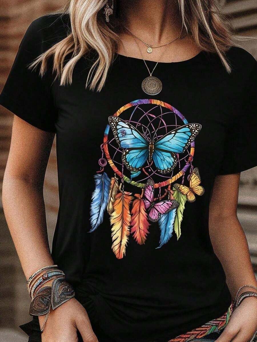 Graphic T-Shirt With Dreamcatcher And Butterfly Motif For Women Summer Outfit. - Black - View 1