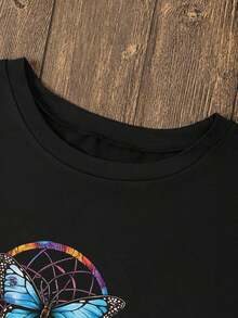 Graphic T-Shirt With Dreamcatcher And Butterfly Motif For Women Summer Outfit. - Black - View 4