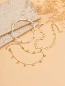 3 st/set sommarmode, mångsidigt flerskiktat guldfärgat fotlänksband för kvinnor med transparent strass, pärlor och tofs, lämplig för vardagsbruk, strand, fest, musikfestival. Antalet strass och pärlor kan variera beroende på längd. - Multifärgad - Visa 3
