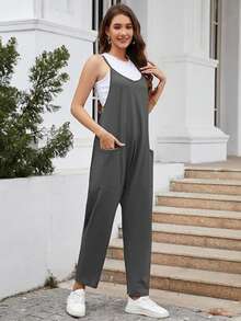 Women's Casual Sleeveless Jumpsuit With Pockets, Maternity Summer Elegant - Dark Grey - View 2
