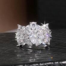 Nhẫn đính hôn kiểu cổ điển, đính đá Cubic Zirconia tổng hợp 3D hình quả lê, trang sức tinh tế mang phong cách nghệ thuật trang trí. - Bạc - Xem 1