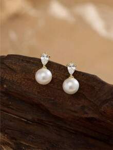 14k Gold Plated CZ Pearl Bridal Earrings, Low Allergy Gold Plated Earrings, Elegant Wedding Bride Pearl Jewelry For Women Holiday Gifts Birthday Gifts - Multicolor - View 9