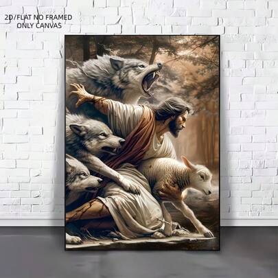 高清印刷帆布艺术画，描绘了狼和羊的图案。这款经典风格的无框墙面艺术海报适合装饰客厅、卧室和书房。