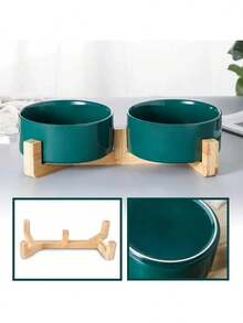 陶瓷猫/狗碗，带防滑木架，增高宠物食品和水碗，圆形宠物喂食碗，可放入洗碗机清洗，易于清洁 - 橄欖綠 - 查看 6