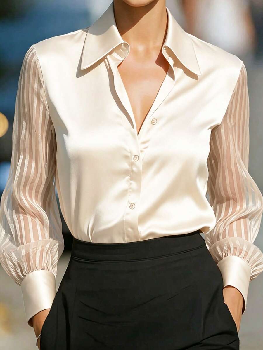 女款優雅純色緞面拼接透視袖襯衫，適合辦公室、度假與日常假日穿著，杏色夏季，辦公室女妖風
