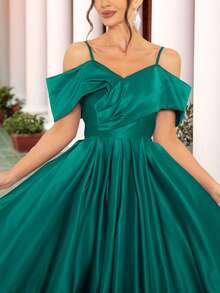 Elegant Off-Shoulder A-Line Evening Dress, Lace Satin Bridesmaid Wedding Party Gown - Green - View 2
