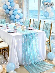 1pc Blue Mermaid Sequin Table Runner, Mermaid Theme Party Tablecloth, Polyester Rectangular Glitter Table Runner, Holiday Birthday Wedding Party Decor Tablecloth, Bridal Shower/Bachelorette Party Supplies Tablecloth, Dining Table/Party Table Decor Tableskirt, Home Decor Table Cloth Set, Party Gifts Birthday Wedding Decorations - Blue - View 3