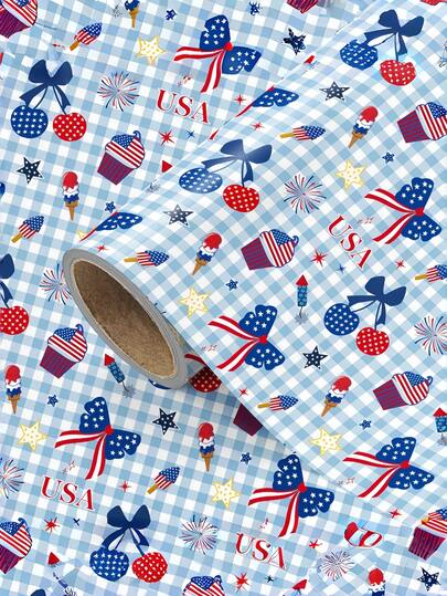 1 cuộn giấy gói quà màu xanh nhạt và trắng kẻ caro, với các họa tiết cờ Mỹ, nơ, quả anh đào, kem, pháo hoa và sao. Giấy gói quà trang trí theo chủ đề cổ điển và yêu nước ngọt ngào, thích hợp cho quà sinh nhật, hộp quà, cũng như ngày Quốc khánh 4 tháng 7, các ngày lễ quốc gia, đám cưới, tiệc tùng, tiệc mừng em bé chào đời và tiệc cô dâu. Loại giấy thủ công đa năng này cũng có thể được sử dụng cho các dự án DIY, trang trí hoa, bìa sách và đồ trang trí. Kích thước: 43,2cm x 300cm (17in x 9,84ft).