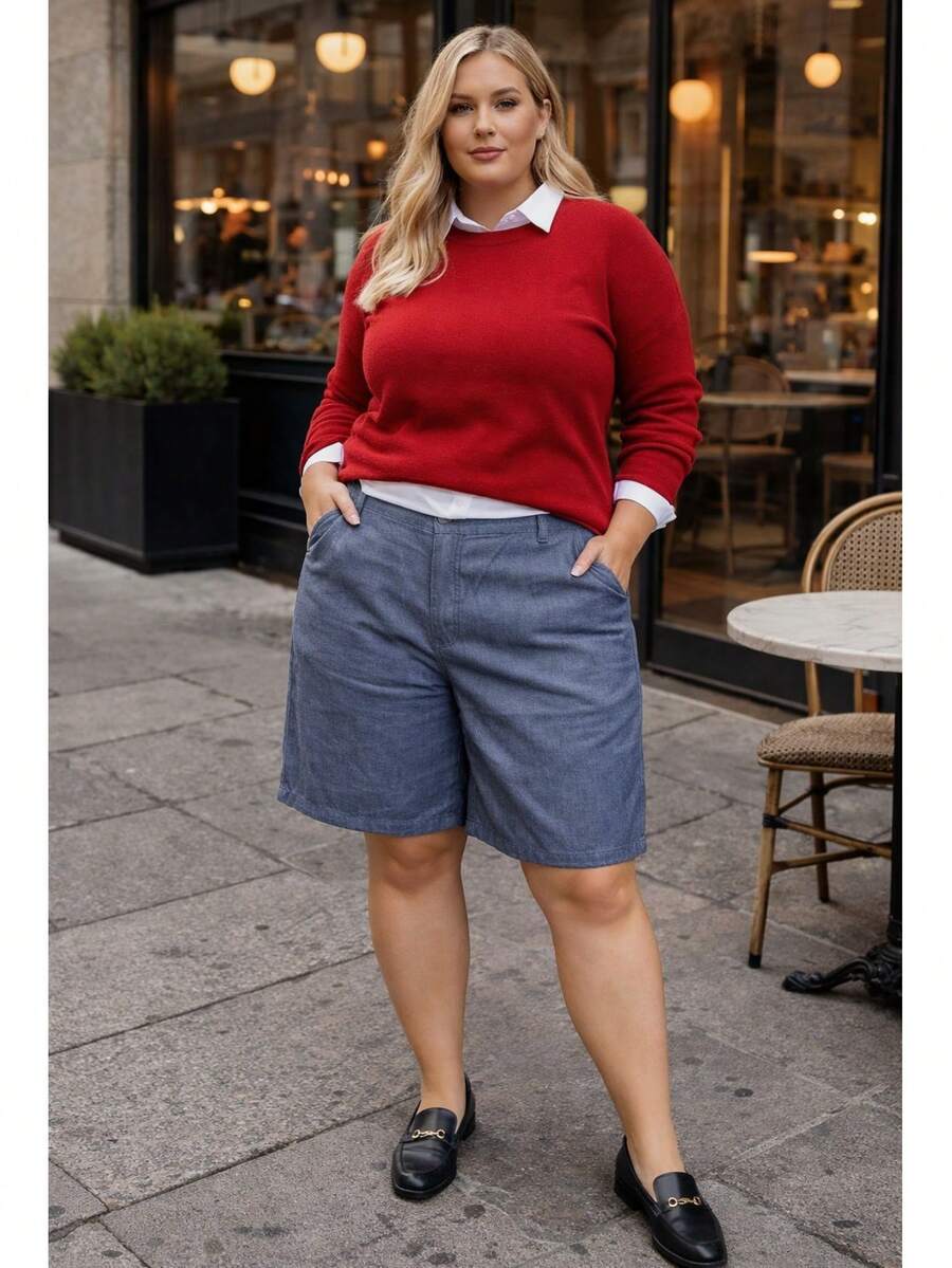 Women's Plus Size Denim Bermuda Shorts With Texture, High Waist, Pockets, Loose Fit, No Elastane, All Cotton, Basic, Elegant, Versatile, Very Comfortable - Màu xanh lam - Xem 1