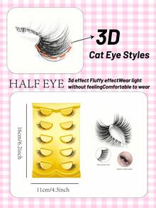 5 Pairs Natural Half Eyelashes, Clear Band Wispy False Eyelashes, Reusable Soft 3D Faux Mink Lashes, Invisible Transparent Stem Half Lashes For Daily Makeup, Natural Fluffy Cat Eye Look - View 5