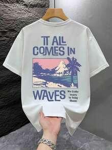 Men's Graphic Print T-Shirt, Summer Beach Outfit, Relaxed Fit, Short Sleeves - Blanc - View 2