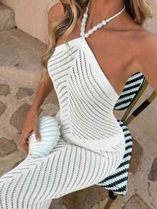 Women's Faux Pearl Decor Camisole Dress, Lace-Up Blue Loose Dress, Bohemian Style Bodycon Pencil Dress. Suitable For Beach Outings, Casual Vacation, Music Festivals, Beach Parties, And Cocktail Events Summer - 白色 - 查看 6