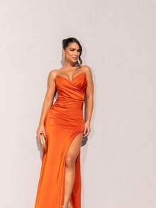 Long Strapless Mermaid Dress With Ruching And Side Slit For Parties And Graduations. - Terracotta - View 2