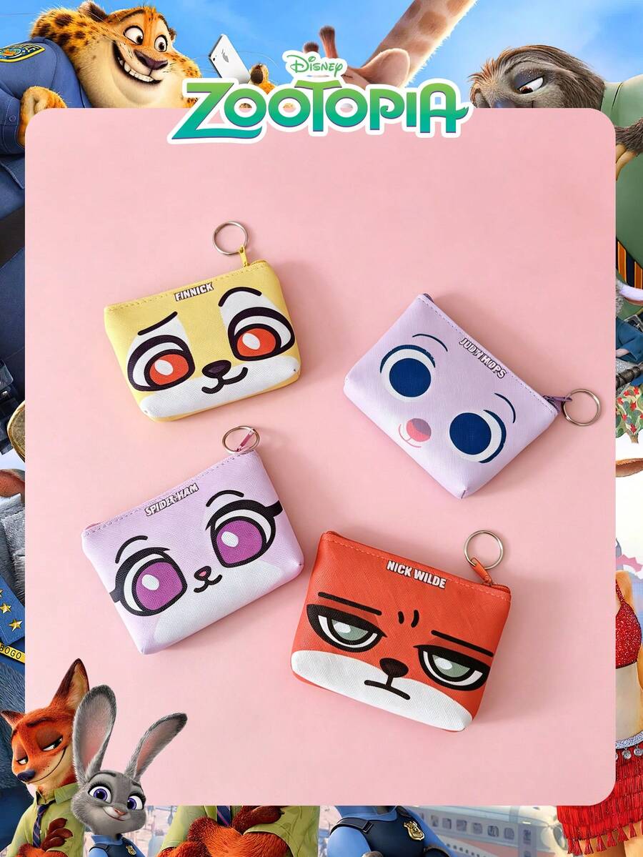 Disney 1个迪士尼官方授权《疯狂动物城》印花零钱包，迷你拉链钱包，便携式钥匙包带钥匙环，小零钱卡夹，收纳袋，轻便卡通手拿包，适合女士、女孩、青少年、迪士尼粉丝，可作为日常休闲配饰，适用于上学、旅行、购物等场合。 - 彩色 - 查看 1