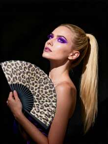 2/1 pieza Abanico plegable de bambú y hueso con estampado de leopardo y marco negro, con tema de princesa de moda, ligero y portátil para uso manual de mujeres, adecuado para viajes de verano, playa y uso diario - Talla única para todos - Ver 4
