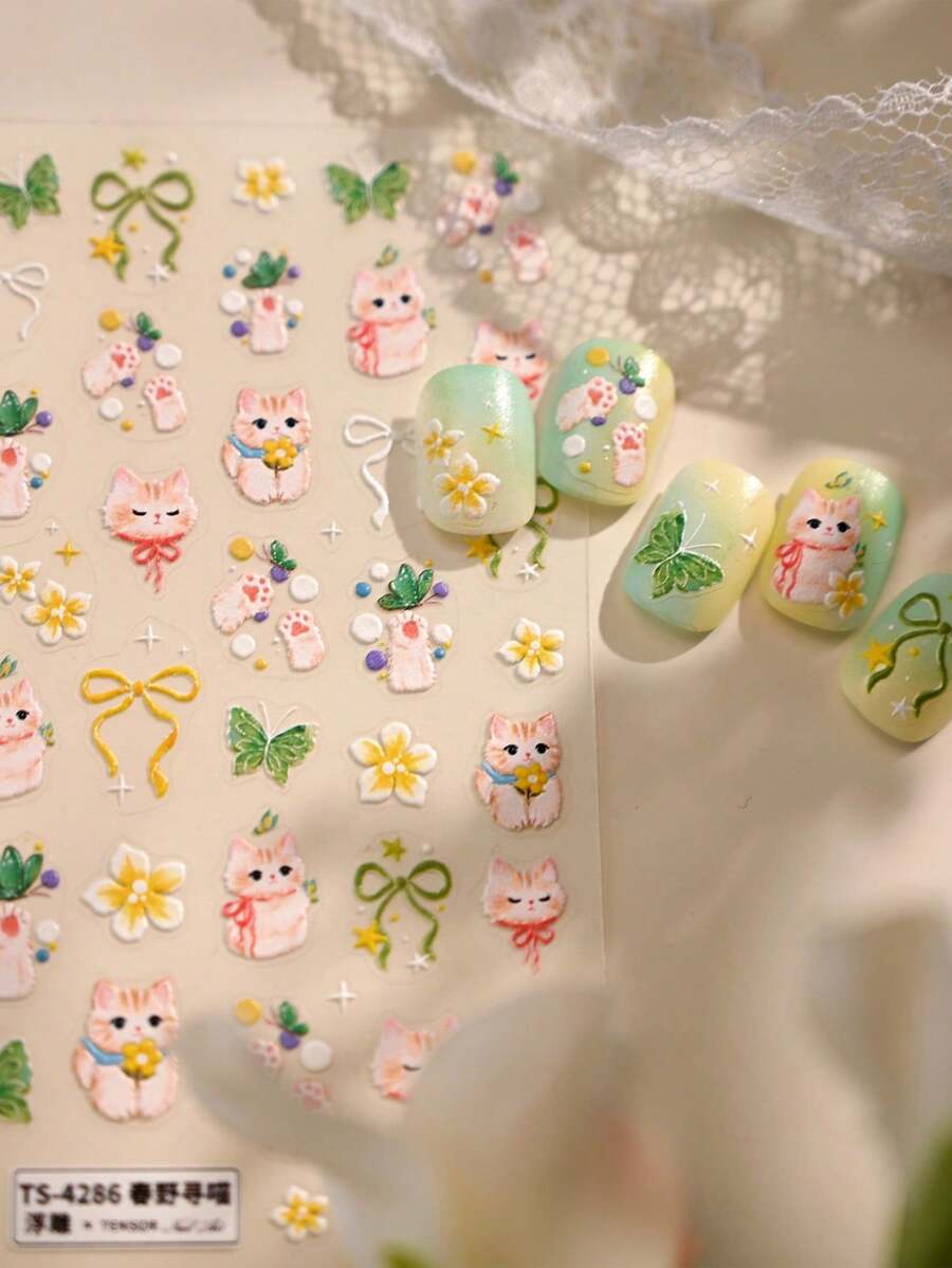 1 miếng dán móng tay hình mèo 5D nổi Kawaii, hình hoạt hình hoa, bướm, động vật, tự dính, trang trí móng tay DIY - Nhiều màu - Xem 1