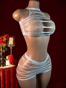 2PCS((Innerwear Not Included) Sexy Lingerie: Tear-Away, Open-Work Jacquard Two-Piece Set-Fresh, Seductive, Body-Hugging, And Easy-Access Meshwear For Women - Blue - View 2