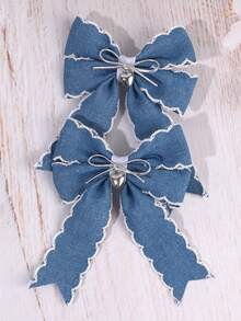 2 pezzi Fermagli per capelli in denim con frange carini per ragazze, fermagli per capelli fatti a mano con fiocco e decorazione a cuore, accessori per capelli alla moda in argento dolce per uso quotidiano, feste di compleanno - Multicolore - Visualizzare 1