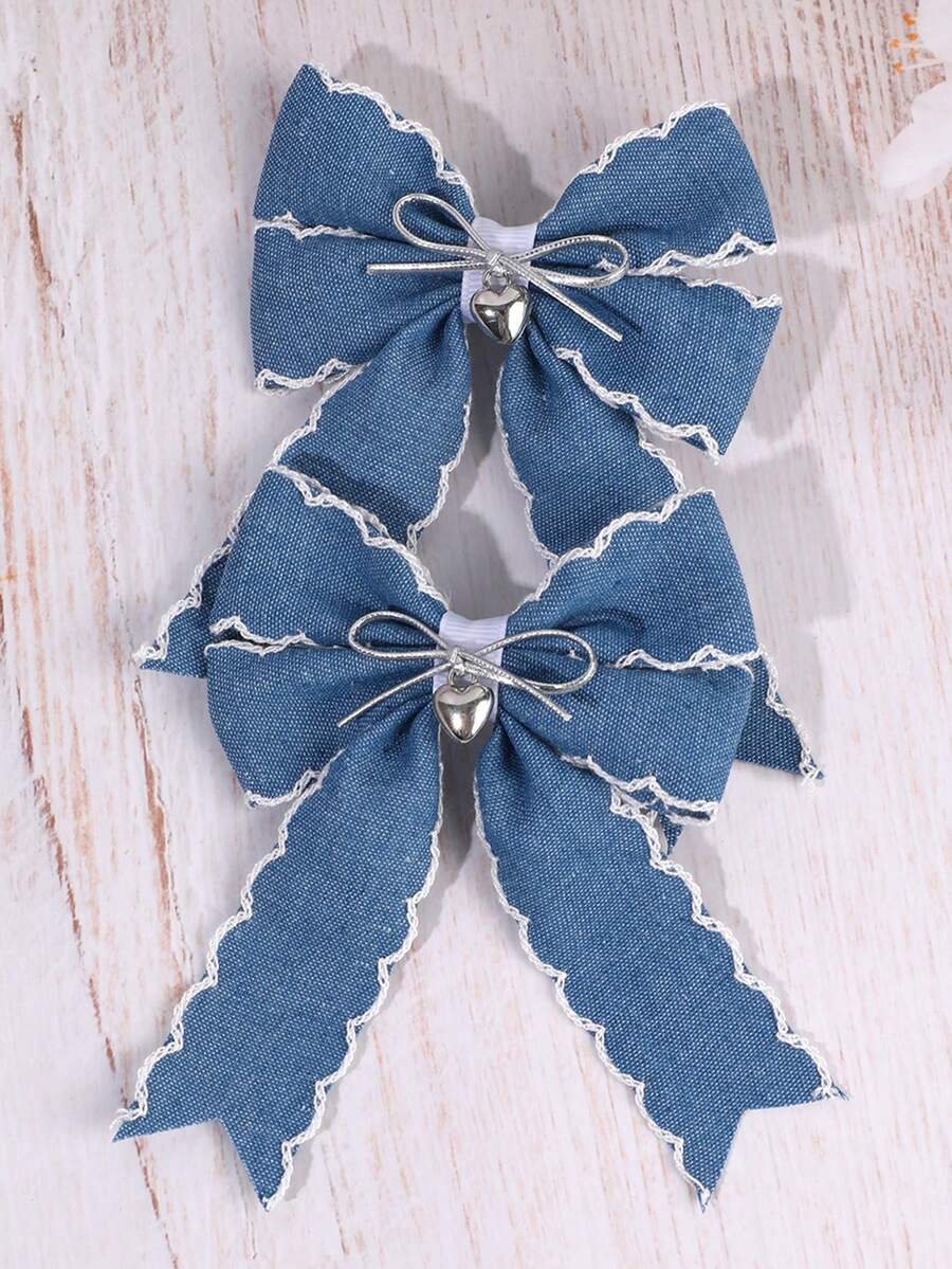 2 pezzi Fermagli per capelli in denim con frange carini per ragazze, fermagli per capelli fatti a mano con fiocco e decorazione a cuore, accessori per capelli alla moda in argento dolce per uso quotidiano, feste di compleanno - Multicolore - Visualizzare 1