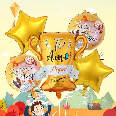 5pcs Father's Day Balloon Set, Includes Spanish Father's Day Trophy, Retro Round Balloons And Gold Star Foil Balloons, Suitable For Father's Day Celebration Decor, Father's Day Party Decoration, Dad's Birthday, I Love You Father's Day Happy Decoration, Photo Props, Gifts For Dad And Room Decor