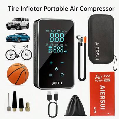 SUITU Portable Tire Inflator - Car Accessories, Mini Tire Pump With Digital Pressure Gauge And LED Light, USB-C Charging, Fast Inflation Auto-Off, Suitable For Cars, Motorcycles, Bicycles, Balls, Essential Car Accessory. (7.4V 2000mAh Lithium-Ion Battery)