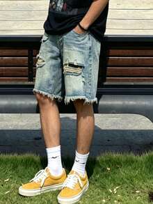 2026 Nueva Colección de Verano Pantalones Cortos Holgados Rasgados Versátiles Casuales hasta la Rodilla para Hombres - Azul - Ver 5