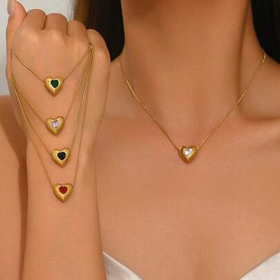 1pc Stainless Steel Heart Pendant Necklace, Minimalist Colorful White Pink Green Cubic Zirconia Inlaid Heart Necklace, Fashionable Elegant Style Suitable For Women's Daily Wear Or Gift