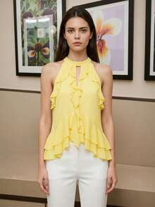 Women's Solid Color Ruffle Neck Layered Sleeveless Top, Summer - Yellow - View 5