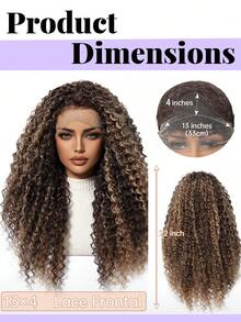 22吋 13x4 蕾絲前頂漸層深棕色至蜂蜜金捲髮假髮，預拔髮際線附嬰兒髮，耐熱合成纖維髮，防纏結透氣髮帽，適用於日常工作約會派對Cosplay，熱銷女款時尚髮飾 - 挑染棕色 - 查看 8