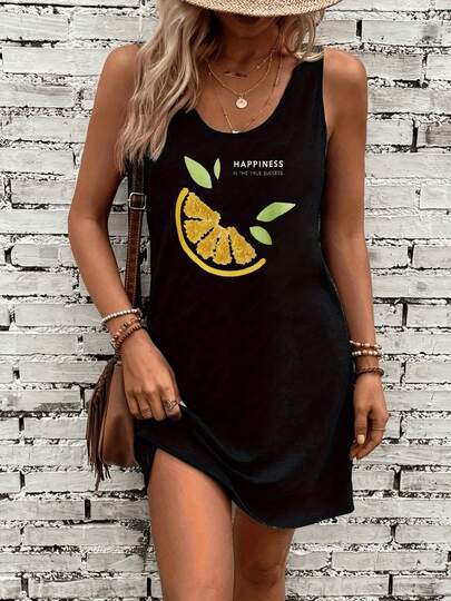 Women's Casual Sleeveless Dress With "Happiness Is The True Success" Lemon Print - Breathable Stretchy Straight Cut, Round Neck & Pockets, Machine Washable For Spring Summer Fall
