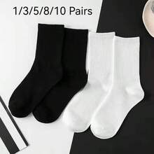 1/3/5/10 Pairs Women's Solid Color Mid-Calf Socks, Breathable Cotton Socks, Comfortable Soft Fluffy Socks, Black & White, Suitable For Daily Wear, Home, Office, School, Sports - White - View 16