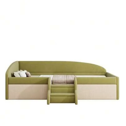 Upholstered Sofa Bed, 90 X 190 Cm, Multifunctional Bed, With Steps And Railings, Soft-Touch Velvet Fabric, Without Mattress, Dark Green + Cream White.
