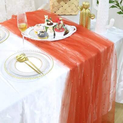 1pc Romantic Pearl Lace Table Runner, Wedding Arch Decor, Bridal Shower Gift Fabric, Elegant Pearl Lace Tablecloth, Suitable For Event, Embroidered Transparent Wrinkle-Resistant White Dessert Table