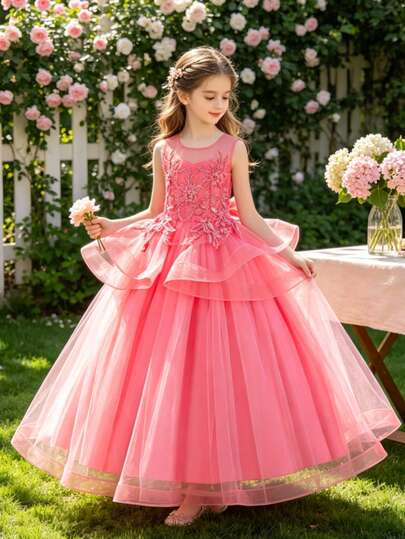 Long Princess Tulle Dress, Girls Formal Gown For Wedding Flower Girl, Birthday Party, Runway Show, Piano Recital, Evening Dress