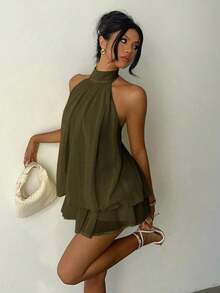 Vestido mini elegante de mujer con cuello halter y lazo en color amarillo claro - Verde militar - Ver 1
