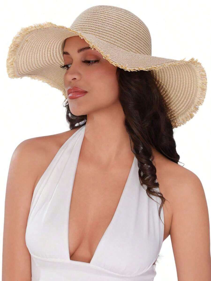 1pc Grass Banding Women Bow Decor Wide Brim Straw Hat Beach Valentine's Day Multicolor Wide Brim Hat Women Beach Travel Hiking Elegant Bow Valentine's Day - 卡其色 - 查看 1