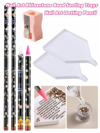 Bộ dụng cụ đính đá giả, bao gồm dụng cụ gắp đá bằng nhựa dính, bút chấm bi, bút sáp màu, dụng cụ gắp đá tổng hợp, dụng cụ vẽ tranh bằng bút sáp màu tự dính, kèm gọt bút chì.
