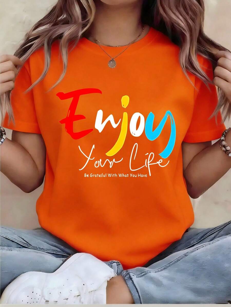 Women's Fun Print - Casual Short-Sleeve Round-Neck Loose-Fit Top, Machine Washable For Year-Round Comfort, Suitable For Casual Wear. Loose Fit, Durable Print, Ideal For Various Holiday Gifts - 橘色 - 查看 1
