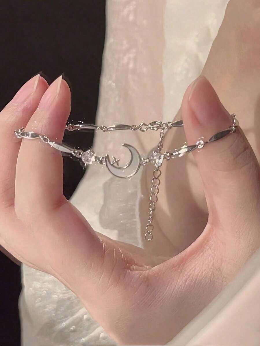 1pc Elegant Crystal Star And Moon Bracelet, Suitable For Women's Daily Wear, Festival, And Party - Bạc 2 - Xem 1
