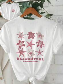 Camiseta de mujer de manga corta con cuello redondo, estampado de estrella de mar y lirio, para primavera/verano/otoño - Blanco - Ver 1