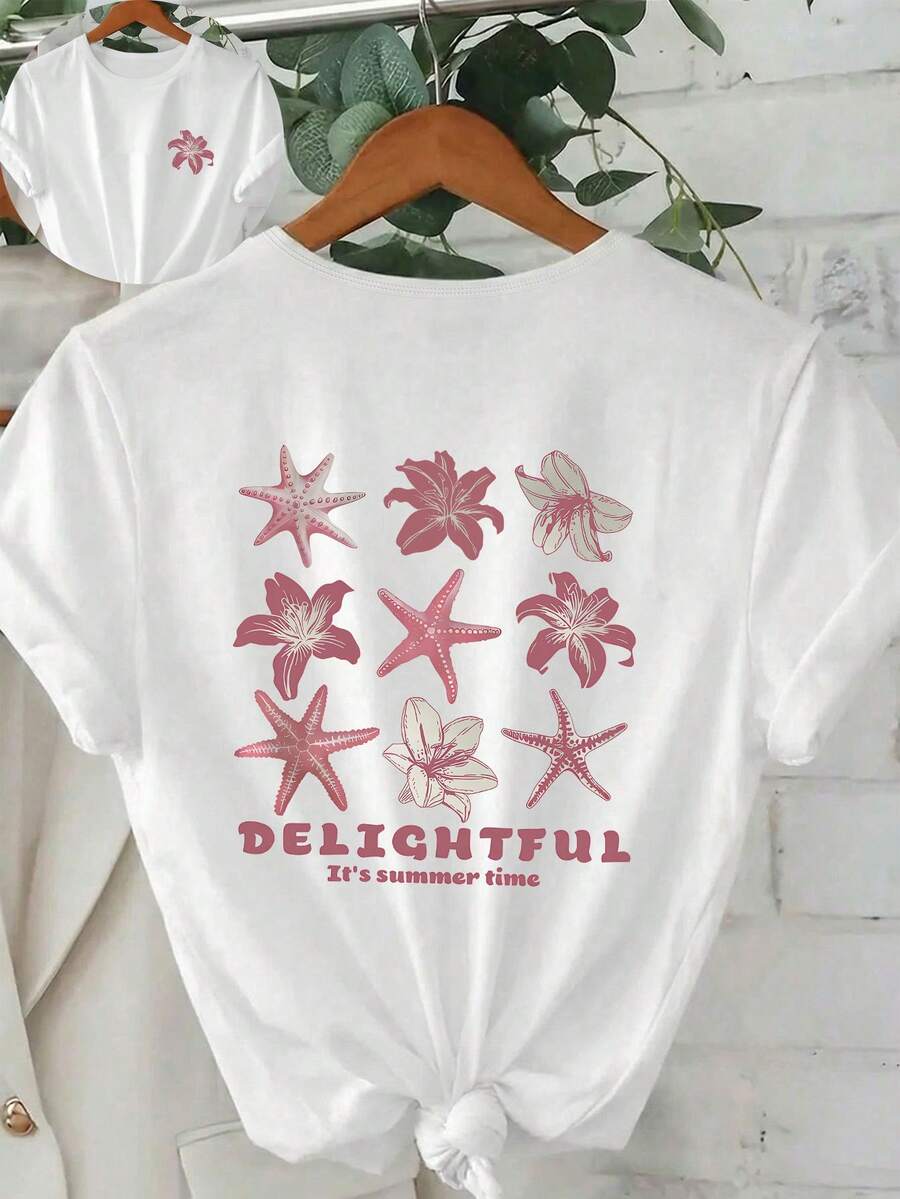 Camiseta de mujer de manga corta con cuello redondo, estampado de estrella de mar y lirio, para primavera/verano/otoño - Blanco - Ver 1