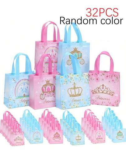 32pcs Princess Theme Party Bags - Crown Castle Dreamlike Print Bags, Non-Woven Tote Bags With Handles, For Wedding, Birthday, Anniversary, Princess Party Decor