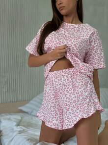 2pcs Women's Fashionable High-End Loose Comfortable Leopard Print Pajama Set - Pink - View 6