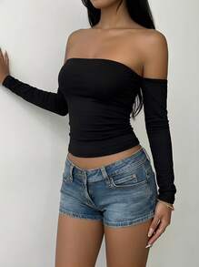 Soulscape 韩版纯色露肩T恤 女款修身春季基础款上衣 - 黑色 - 查看 1