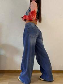 Women'S High-Waist Wide Leg Jeans - Distressed Washed Denim Light Wash Blue Relaxed Fit Straight-Leg Pants, Long Length All-Season Comfort, Casual To Semi-Formal Versatile Casual Attire, Durable Non-Stretch Fabric (No Slouching Slightly Tapered Leg) - 藍色 - 查看 5